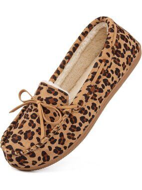 Women's Leopard Suede Home Top Moccasin Slippers Faux Fur Lined Bow Loafers